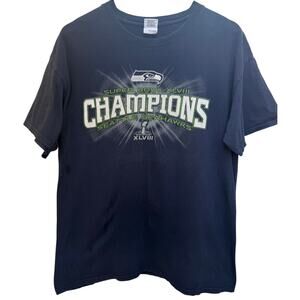 Seattle Seahawks Super Bowl XLVIII Champions T Shirt Mens Large Navy Fan Tee